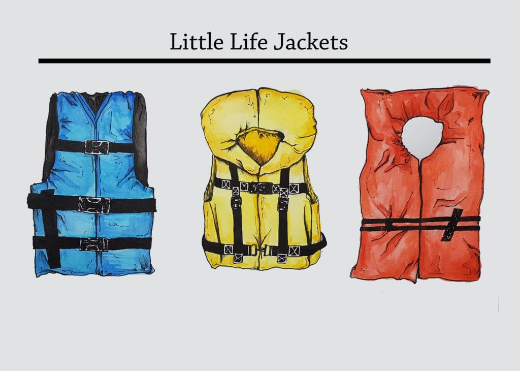 Postcard image with 3 lifejackets with the title 'little life jackets'